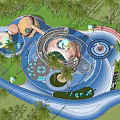 Vibrant Water Park Layout Featuring Palm Trees Slides And Colorful Structures 3d model