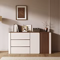 Modern White Wooden Console And Side Cabinet With Floor Lamp Books Photo Frame And Plant