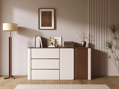 Modern White Wooden Console And Side Cabinet With Floor Lamp Books Photo Frame And Plant 3d model