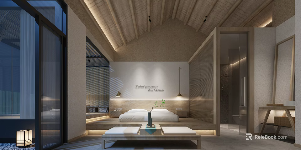 Modern Minimalist Hotel Room Interior Design With Wooden Ceiling Stone Wall And Cozy Bed 3d model 