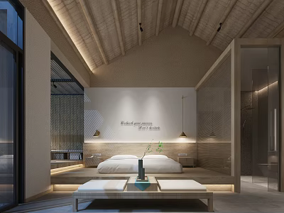Modern Minimalist Hotel Room Interior Design With Wooden Ceiling Stone Wall And Cozy Bed 3d model