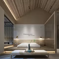 Modern Minimalist Hotel Room Interior Design With Wooden Ceiling Stone Wall And Cozy Bed