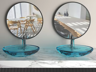 Blue Transparent Glass Washbasins With Round Mirrors And Reflected Scenes On Marble Countertop 3d model