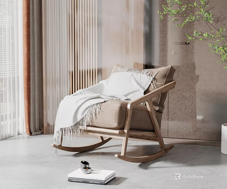 Comfortable Leisure Rocking Chair With Wooden Frame Soft Blanket And Cozy Pillow In Modern Interior 3d model 