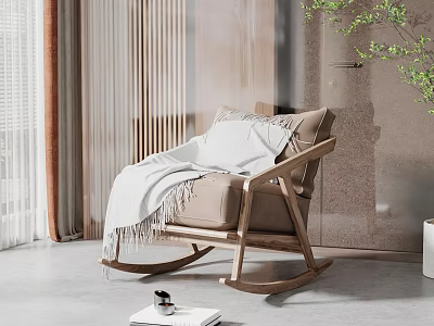 Comfortable Leisure Rocking Chair With Wooden Frame Soft Blanket And Cozy Pillow In Modern Interior 3d model