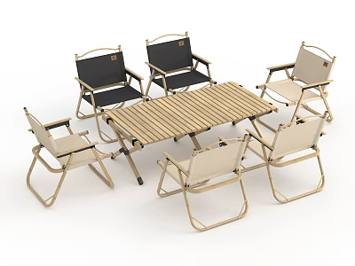 Folding Outdoor Table and Chairs Set with Wooden Top and Metal Frame Black Beige Seats 3d model