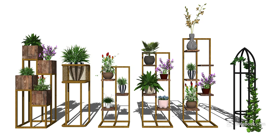 Modern Metal Garden Plant Stands With Multi Tiered Design And Potted Greenery 3d model 