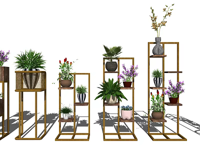 Modern Metal Garden Plant Stands With Multi Tiered Design And Potted Greenery 3d model