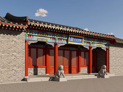 Chinese Traditional Entrance Gate With Red Doors Stone Lions Colorful Decorations And Blue Plaque 3d model