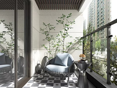 Single Sofa With Blue Cushion On Balcony Checkerboard Floor And Green Plants 3d model