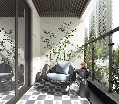 Single Sofa With Blue Cushion On Balcony Checkerboard Floor And Green Plants 3d model