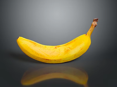 Fresh Yellow Banana with Brown Spots on Black Background and Clear Reflection 3d model