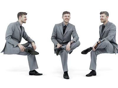 Three Men in Gray Suits with Different Sitting Positions Against White Background 3d model