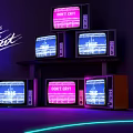 Vintage Television Art Installation Featuring Dont Cry Text Waveform Graphics And Neon Purple Blue Lighting