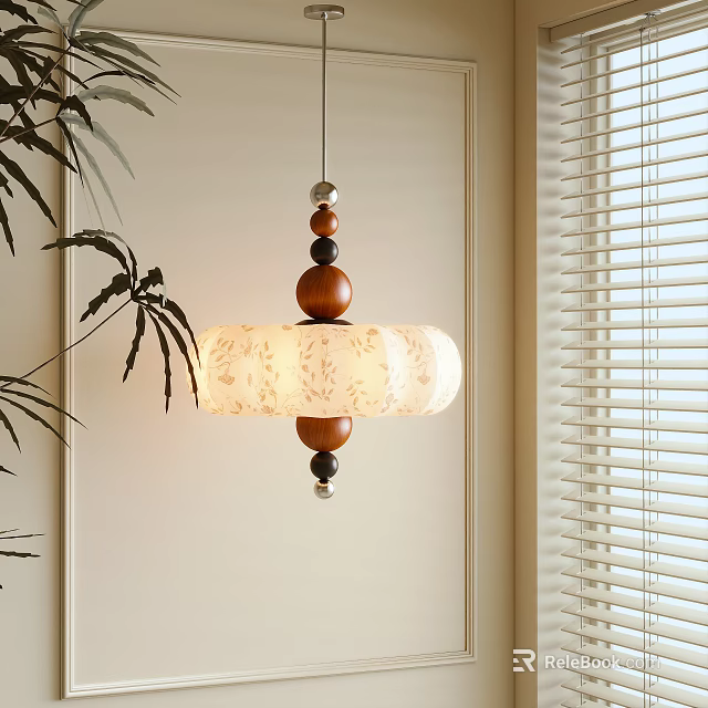 Bohemian Pendant Light With Wooden And Colored Beads Floral Fabric Shade Near Window Blinds And Green Leaves 3d model 