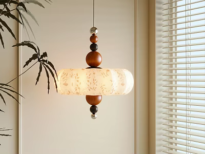 Bohemian Pendant Light With Wooden And Colored Beads Floral Fabric Shade Near Window Blinds And Green Leaves 3d model