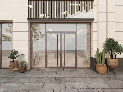 Elegant Storefront Facade Featuring Glass Double Doors Decorative Sign And Potted Plants On Stone Pavement 3d model