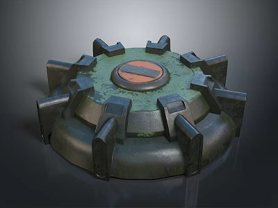 Circular Mechanical Device With Central Red Black Emblem Protruding Metal Parts And Mossy Green Surface 3d model
