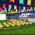 Illuminated Football Field With Fenced Area Colorful Decorations And Event Tables Chairs