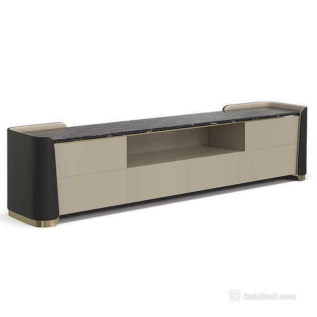 Elegant Modern TV Stand With Marble Top Drawers And Open Shelf Design 3d model 