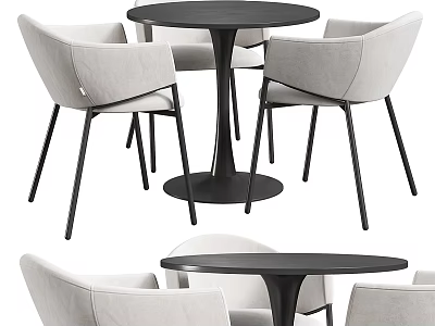 Modern Round Table With Four Beige Fabric Chairs And Black Metal Legs 3d model
