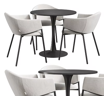 Modern Round Table With Four Beige Fabric Chairs And Black Metal Legs 3d model