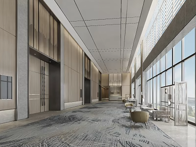 Spacious Modern Banquet Hall Interior With Large Windows Natural Light And Elegant Seating 3d model