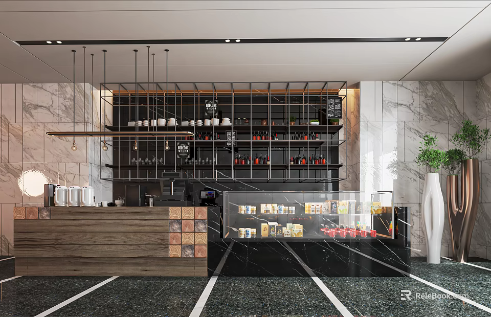 Modern Cafe Interior Design With Wooden Counter Glass Display Case And Hanging Lights 3d model 