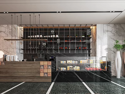 Modern Cafe Interior Design With Wooden Counter Glass Display Case And Hanging Lights 3d model