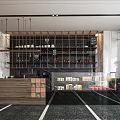 Modern Cafe Interior Design With Wooden Counter Glass Display Case And Hanging Lights