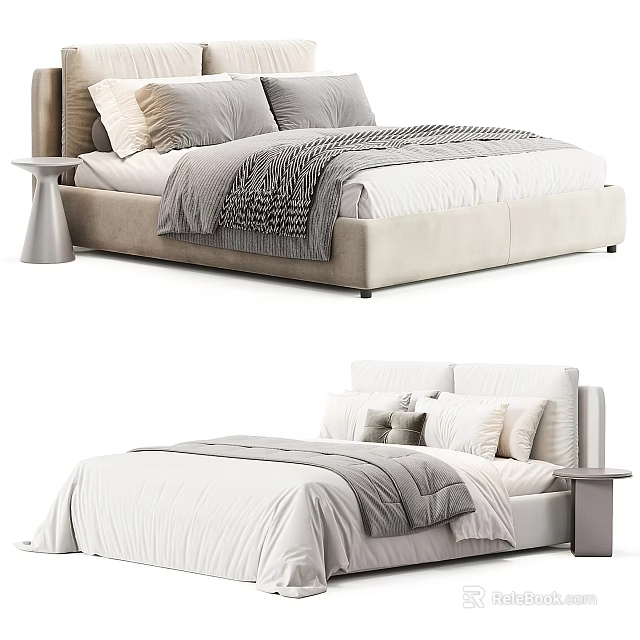 Modern Double Bed Designs Featuring Beige White Frames Gray Pillows Textured Blankets and Nightstands 3d model 