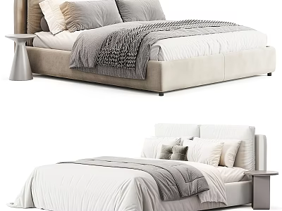 Modern Double Bed Designs Featuring Beige White Frames Gray Pillows Textured Blankets and Nightstands 3d model