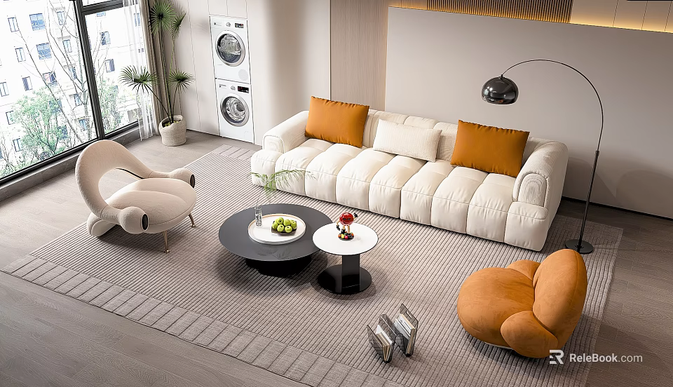 Modern Living Room Beige Sofa Black Round Coffee Table With Orange Pillows Accent Chairs 3d model 