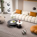 Modern Living Room Beige Sofa Black Round Coffee Table With Orange Pillows Accent Chairs