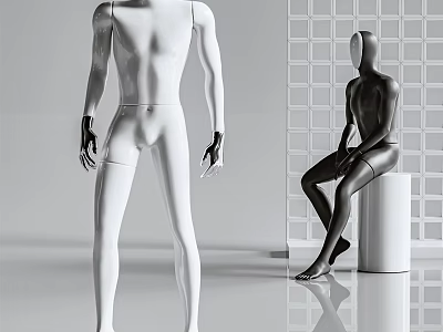 White Standing and Black Seated Mannequins with Grid Wall and Cylinder Base 3d model