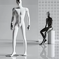 White Standing and Black Seated Mannequins with Grid Wall and Cylinder Base