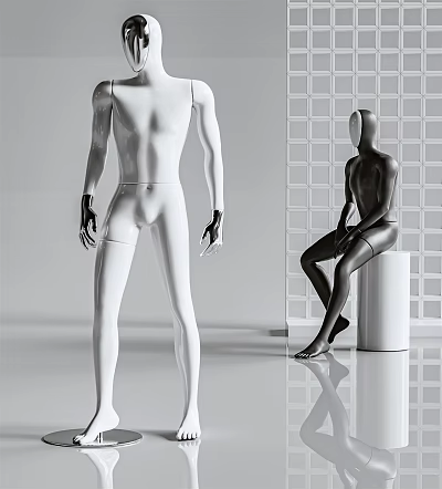 White Standing and Black Seated Mannequins with Grid Wall and Cylinder Base 3d model