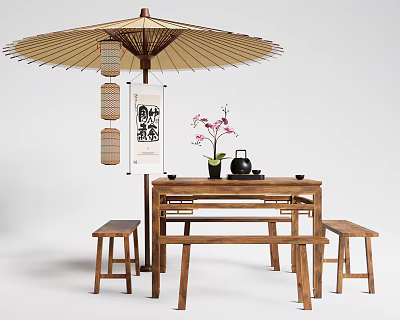 Traditional Wooden Dining Table Set with Benches Umbrella Lanterns Orchid and Teapot 3d model