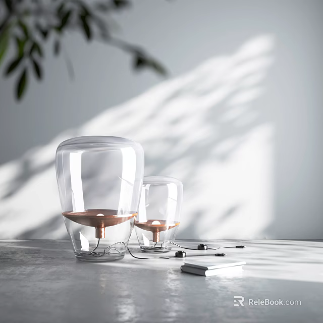 Two Transparent Glass Table Lamps With Copper Base On Gray Tabletop And Soft Light Shadow 3d model 