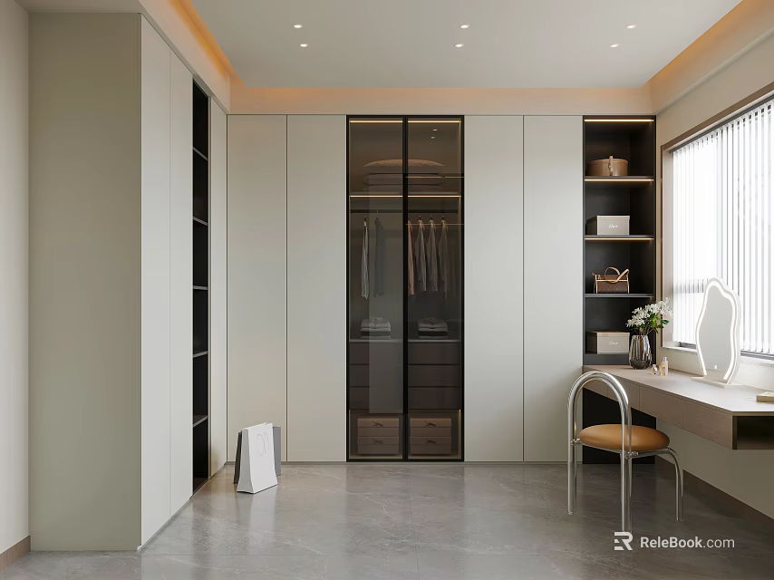 Modern Walk in Closet Interior Design With Glass Front Cabinets Dressing Table And Chair 3d model 