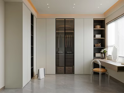 Modern Walk in Closet Interior Design With Glass Front Cabinets Dressing Table And Chair 3d model