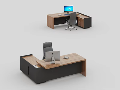 Modern L shaped Office Desk and Chair Set with Wooden Desktop Black Cabinet Gray Chair 3d model