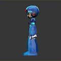 Futuristic Blue Robot Character For Game Or Movie With Armor Helmet Standing On Reflective Surface