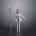 Pink Haired Princess Character With Angelic Bird Creature On Golden Scepter