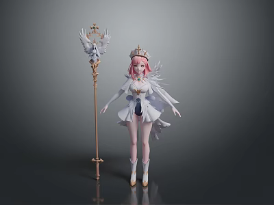 Pink Haired Princess Character With Angelic Bird Creature On Golden Scepter 3d model
