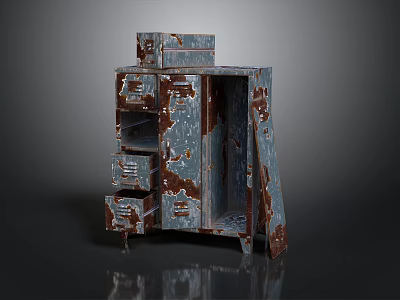 Vintage Rustic Cabinet With Chipped Blue Paint Multiple Drawers And Open Compartment 3d model