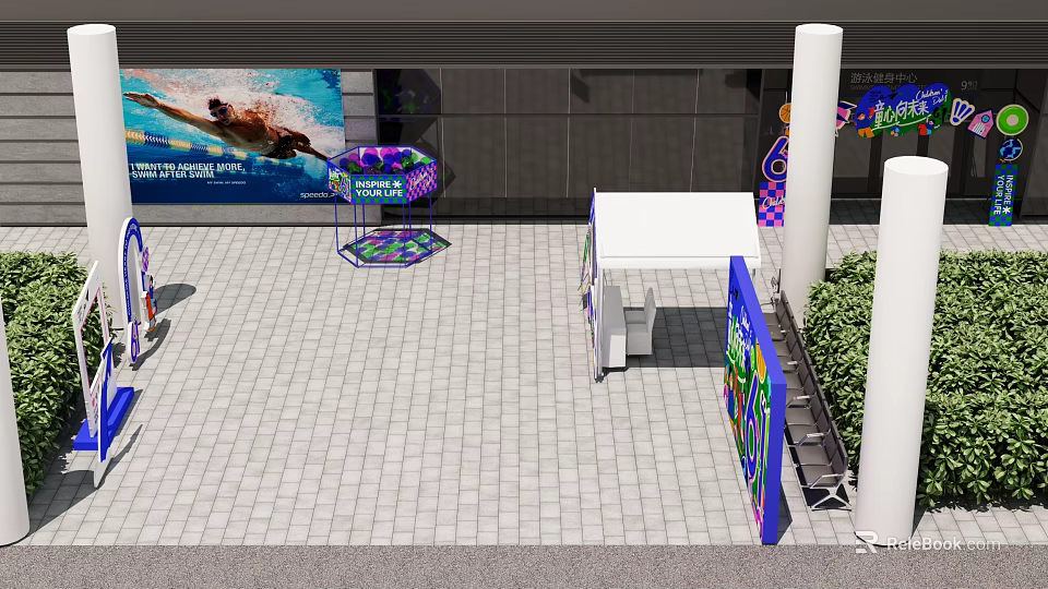 Outdoor Exhibition Space With Paved Floor White Tent Colorful Banners And Green Plants 3d model 