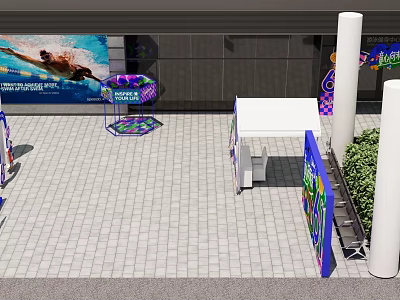 Outdoor Exhibition Space With Paved Floor White Tent Colorful Banners And Green Plants 3d model