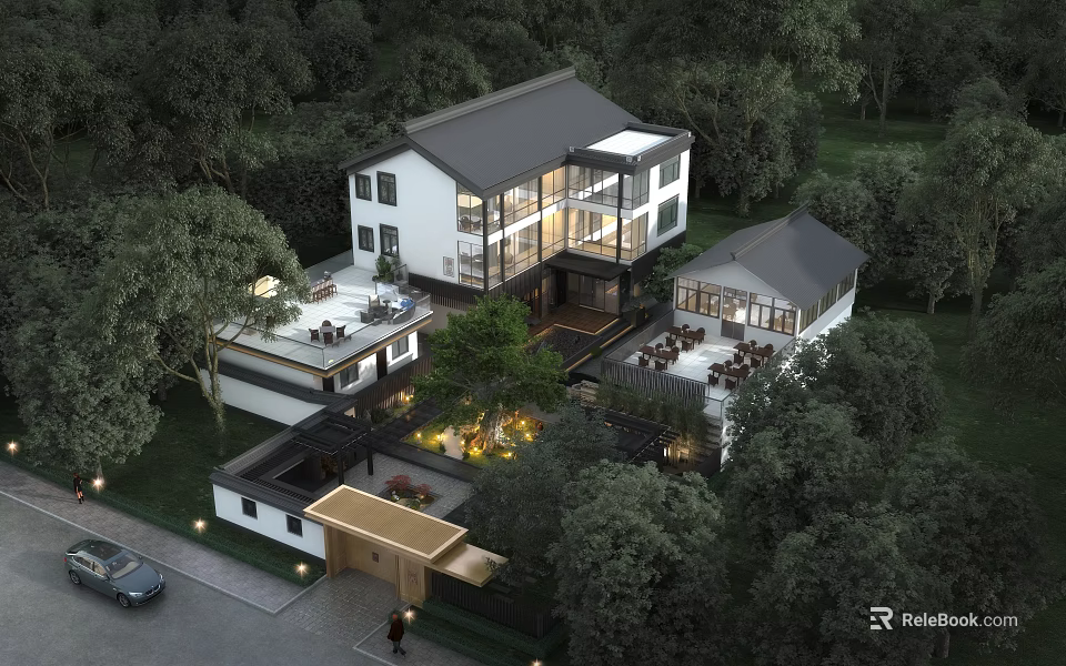 Aerial Planning of Traditional Chinese Villa Complex Surrounded by Trees with Courtyard and Illuminated Areas 3d model 