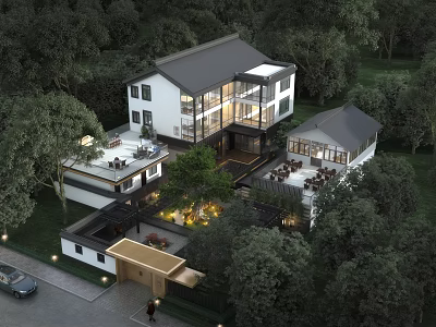 Aerial Planning of Traditional Chinese Villa Complex Surrounded by Trees with Courtyard and Illuminated Areas 3d model